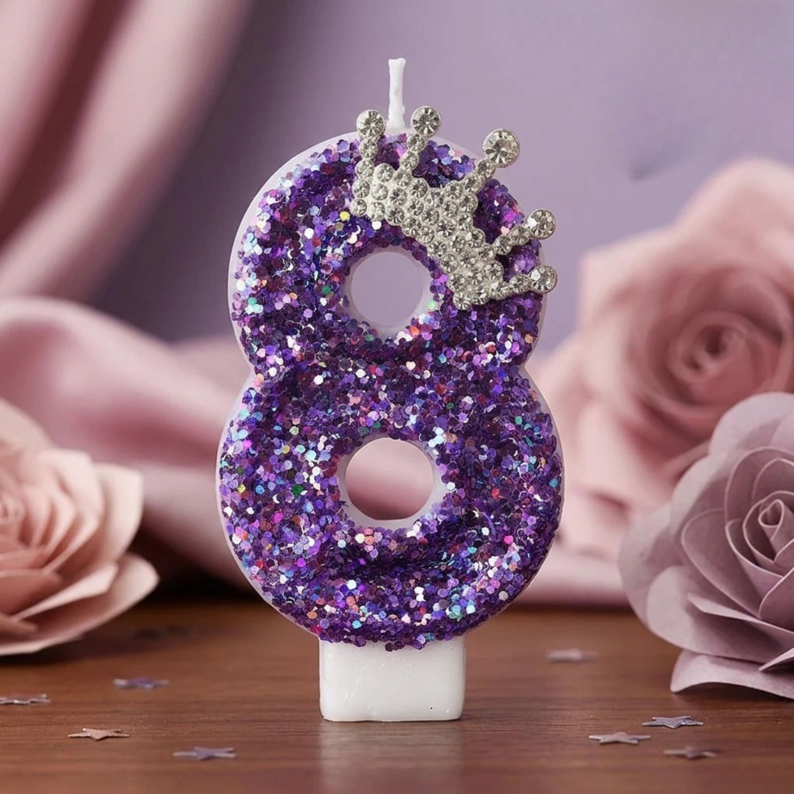 Purple Birthday Candle With Silver Crown Tiara | Glitter Number Cake Topper for Girls