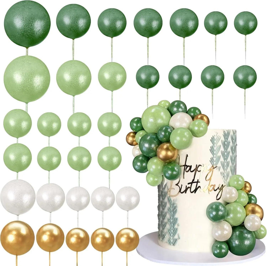 32-Piece Forest Green Ball Cake Toppers, Wild One Birthday, Woodland Baby Shower, Jungle Decorations