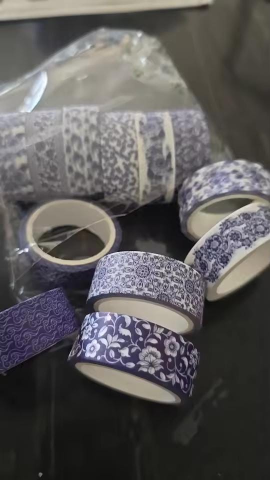 12pc Blue and White Washi Tape Set | Chinoiserie Pattern Decorative Adhesive for Journaling & Scrapbooking