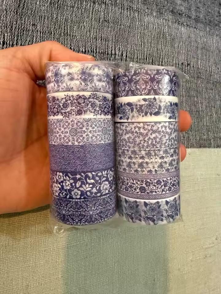 12pc Blue and White Washi Tape Set | Chinoiserie Pattern Decorative Adhesive for Journaling & Scrapbooking