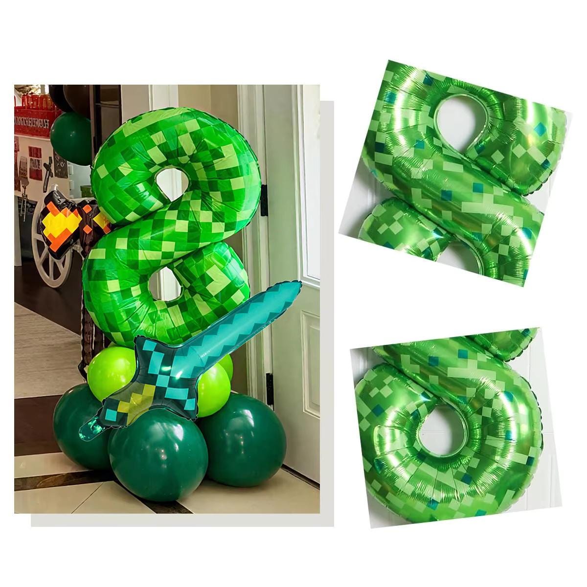 Green Pixel Number Balloon Set, Gamer Birthday Party Decorations
