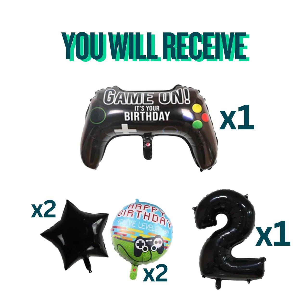6-Piece Gamepad Foil Number Balloon Set, Gamer Birthday Party Decorations