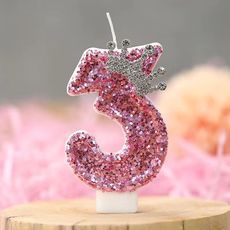 Pink Princess Birthday Candle With Silver Crown Tiara | Glitter Number Cake Topper for Girls