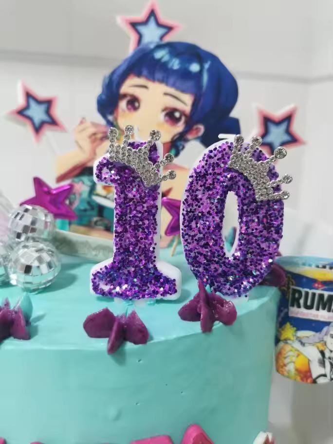 Purple Birthday Candle With Silver Crown Tiara | Glitter Number Cake Topper for Girls