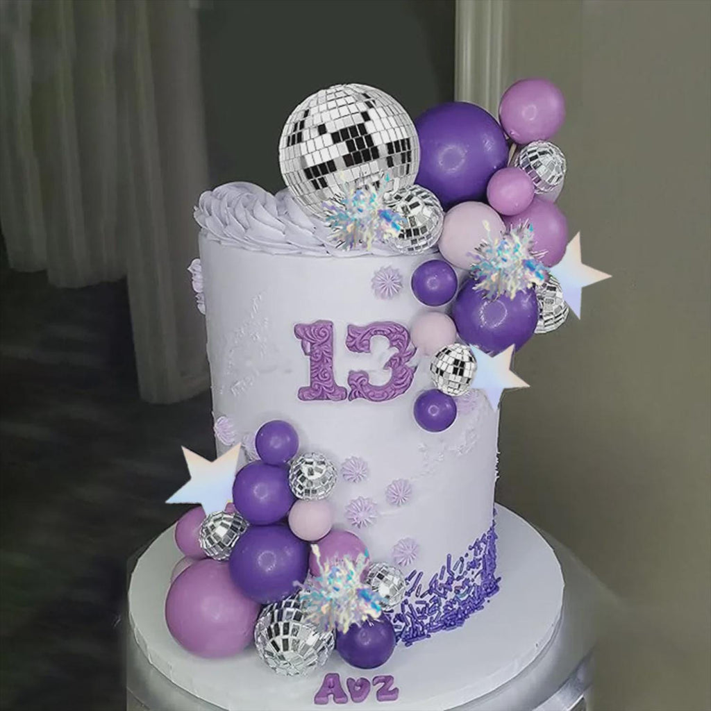 39-Piece Kpop Purple Disco Silver Ball Cake Toppers| Disco Party Decorations
