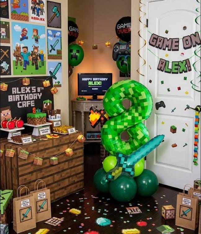 Green Pixel Number Balloon Set, Gamer Birthday Party Decorations