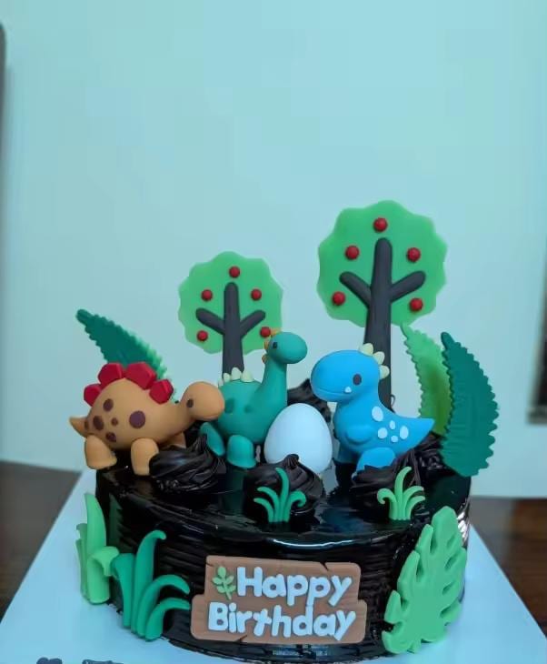 24-Piece Dinosaur Cake Topper, Safari Jungle Birthday Decor, T-Rex Volcano Leaves Kit