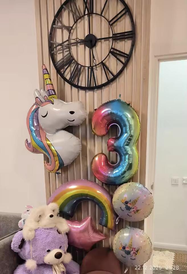 6-Piece Rainbow Unicorn Number Balloon Set: Princess Birthday Party Decor