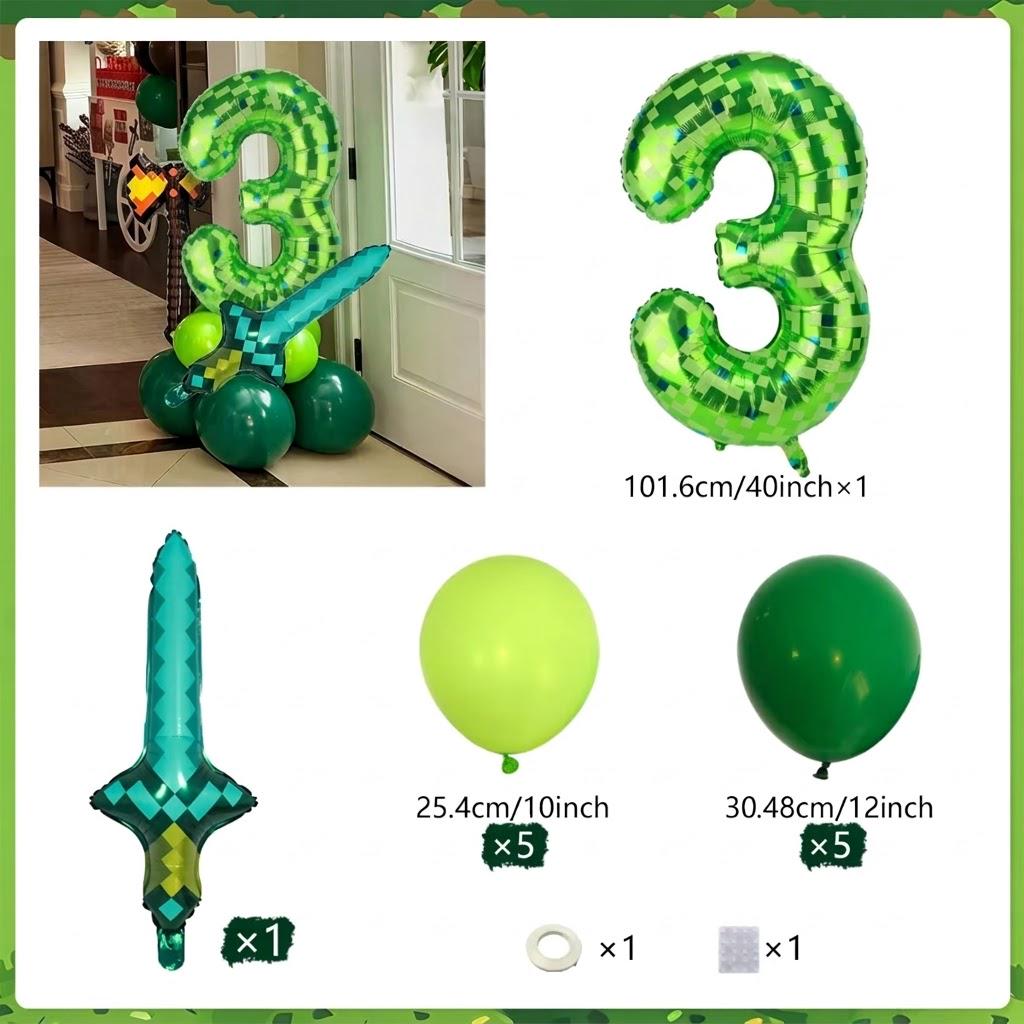 Green Pixel Number Balloon Set, Gamer Birthday Party Decorations