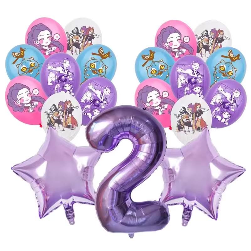 19-Piece K-Pop Anime Birthday Balloon Set 19pc | Purple Number & Star Balloons