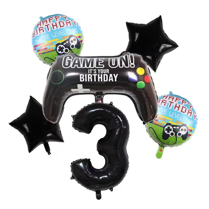 6-Piece Gamepad Foil Number Balloon Set, Gamer Birthday Party Decorations