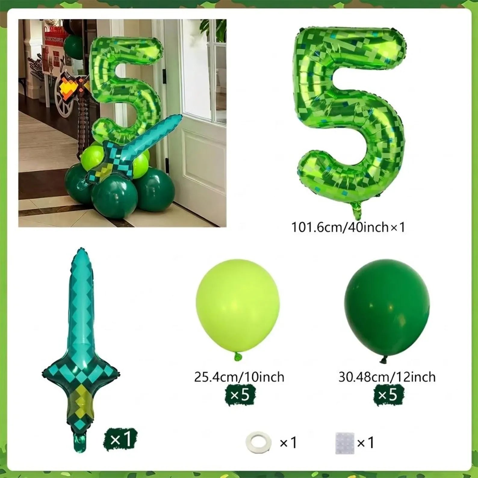 Green Pixel Number Balloon Set, Gamer Birthday Party Decorations