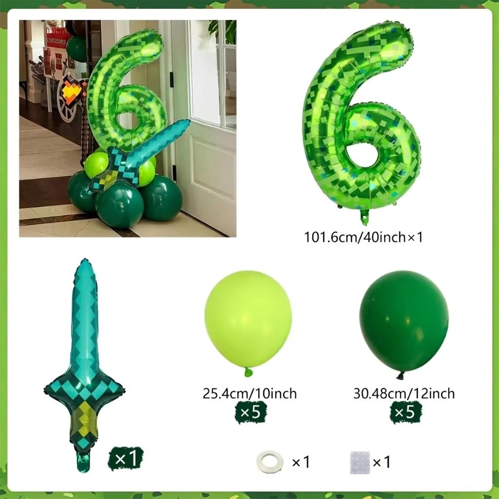Green Pixel Number Balloon Set, Gamer Birthday Party Decorations