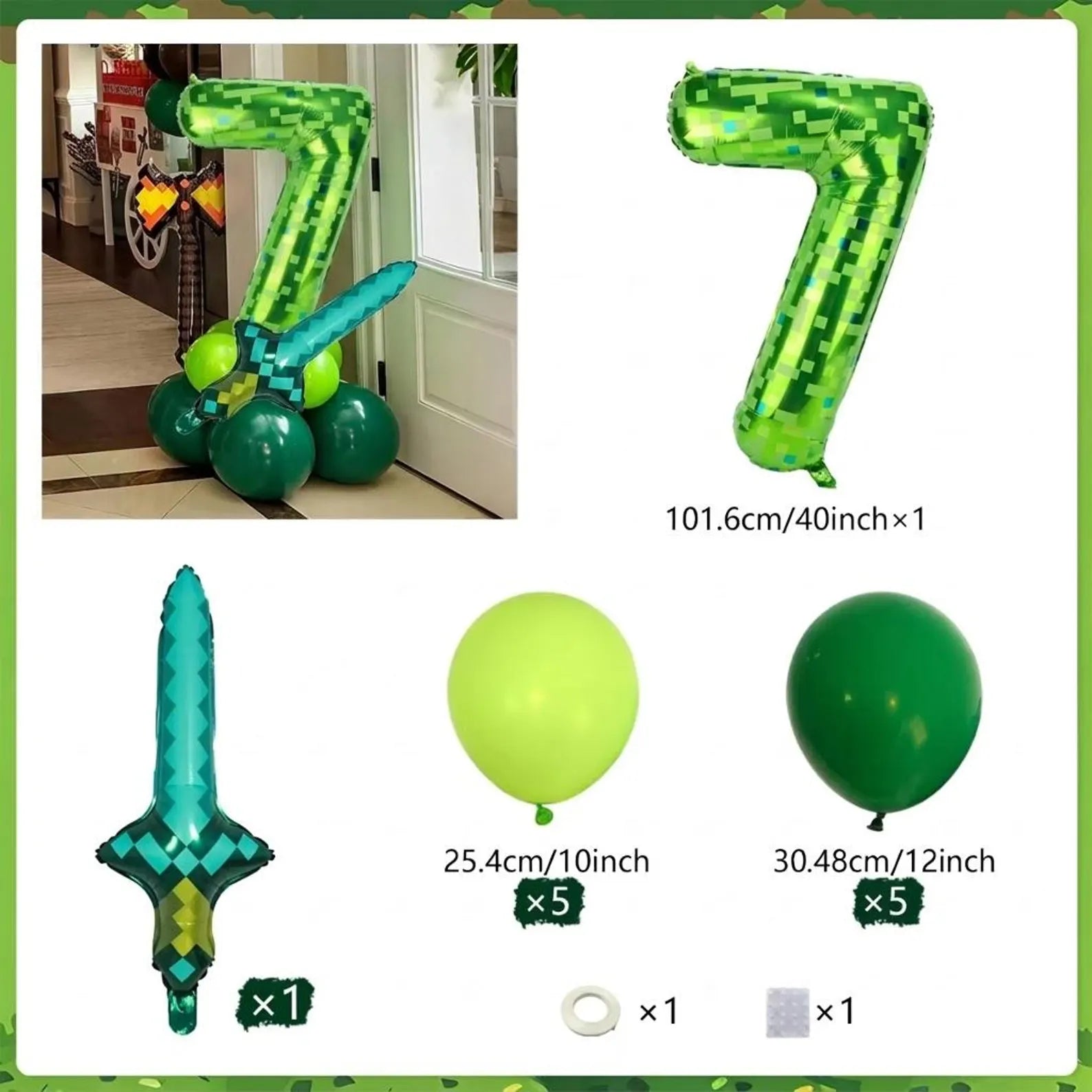 Green Pixel Number Balloon Set, Gamer Birthday Party Decorations