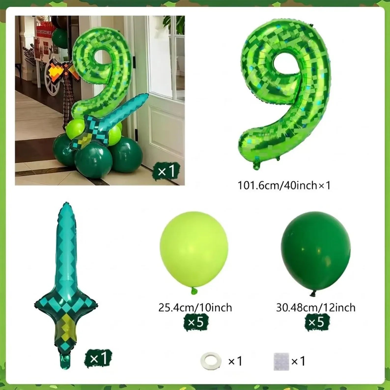 Green Pixel Number Balloon Set, Gamer Birthday Party Decorations