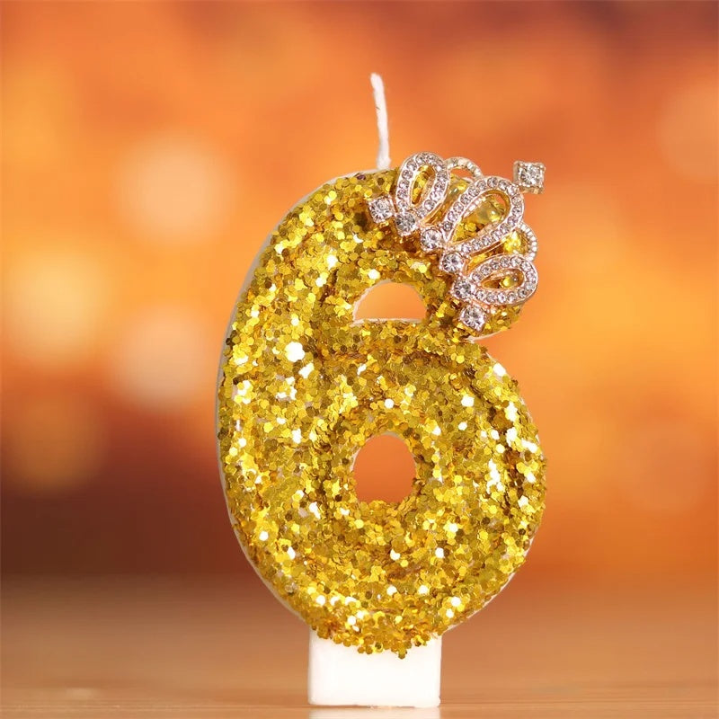 Gold Glitter Number Candle | Royal Crown Cake Topper for 50th Birthday