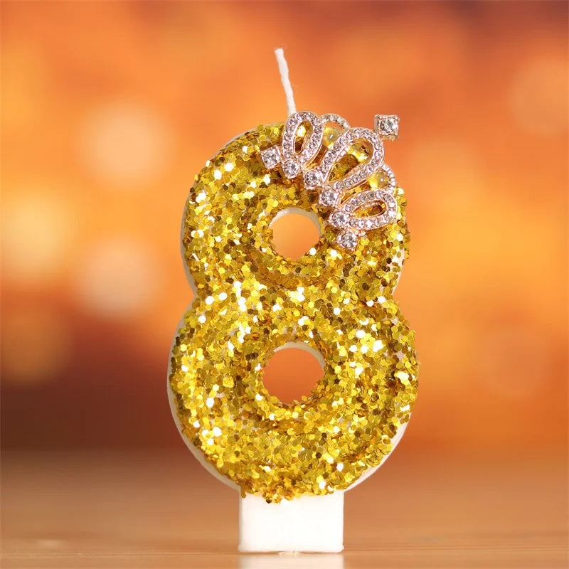 Gold Glitter Number Candle | Royal Crown Cake Topper for 50th Birthday