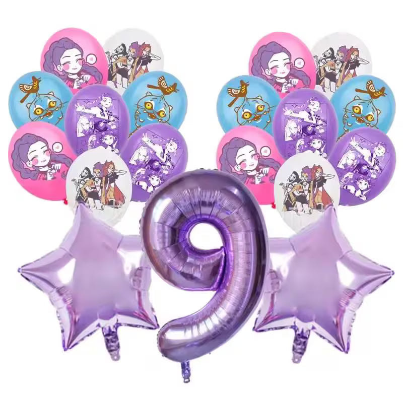 19-Piece K-Pop Anime Birthday Balloon Set 19pc | Purple Number & Star Balloons