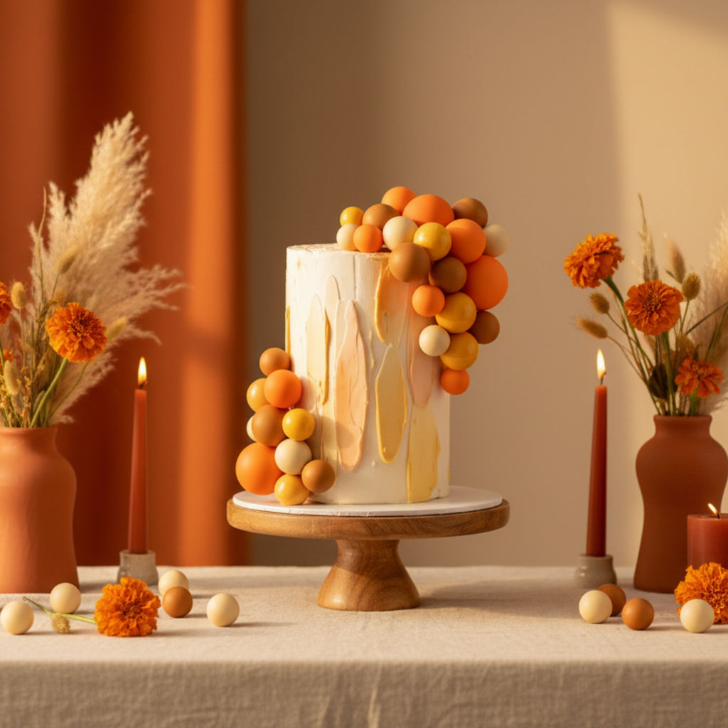 Orange and Gold Ball Cake Topper Set, Boho Birthday Decorations, Sunset Theme Party Decor