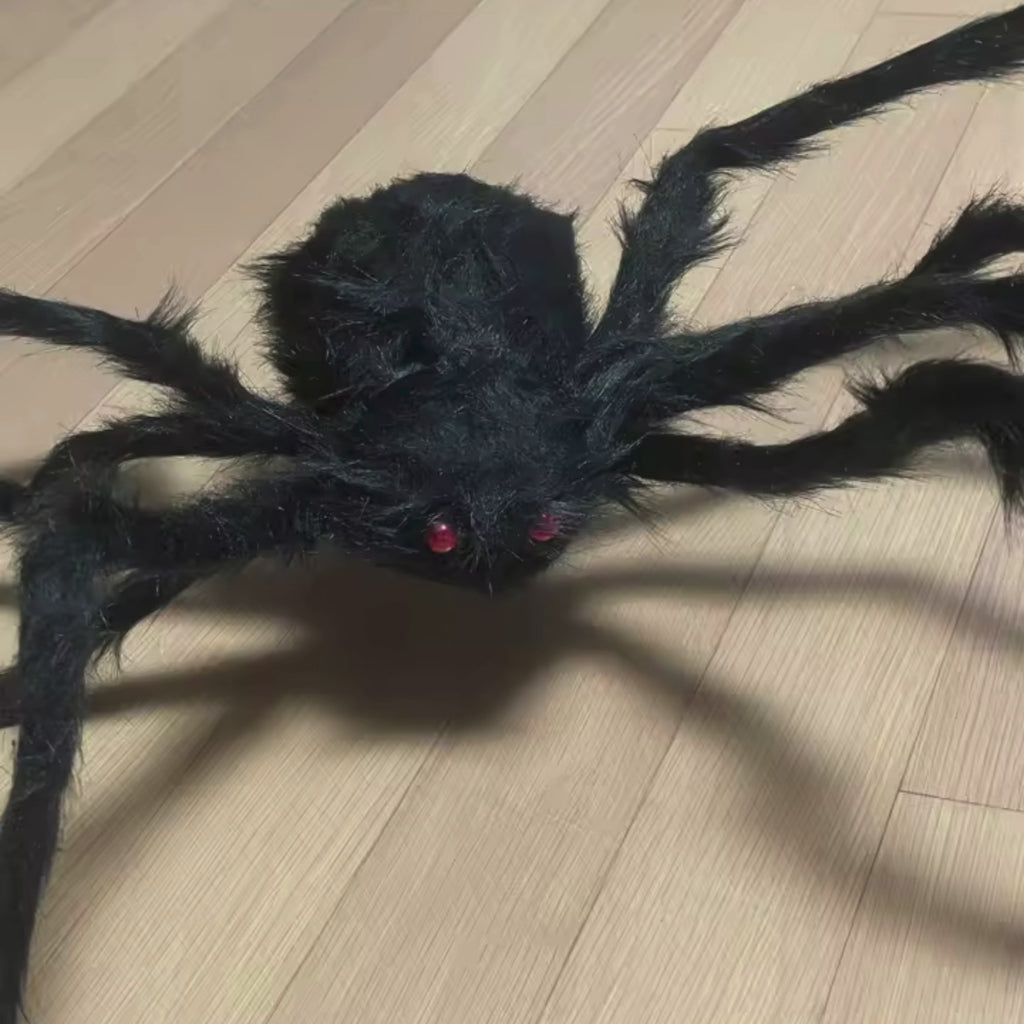 Giant Furry Spider Decoration, Black with Red Eyes, Halloween Prop