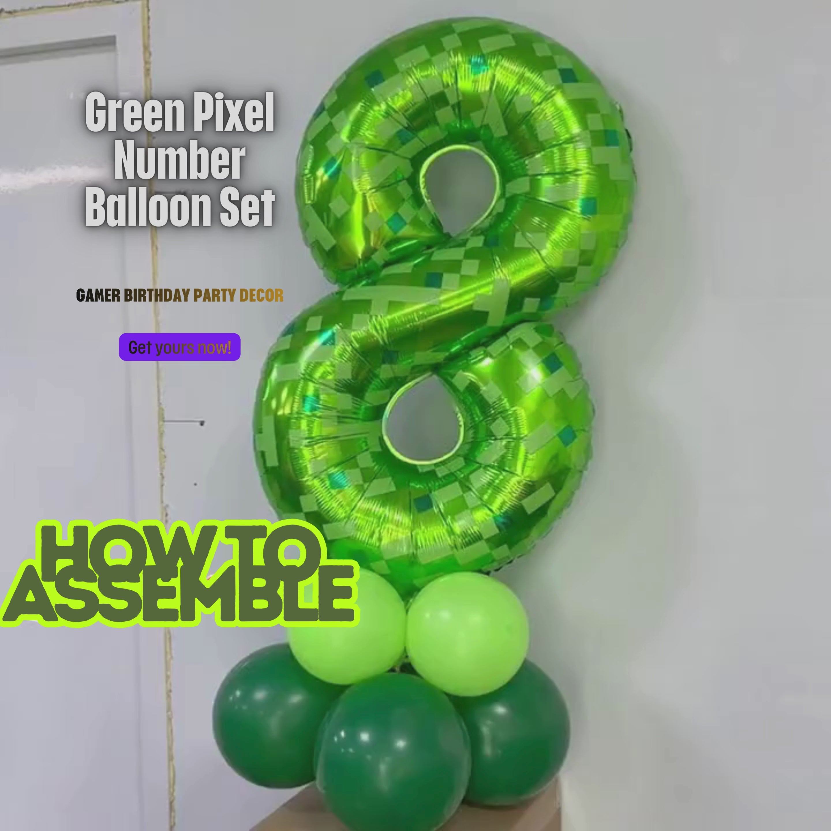 Green Pixel Number Balloon Set, Gamer Birthday Party Decorations