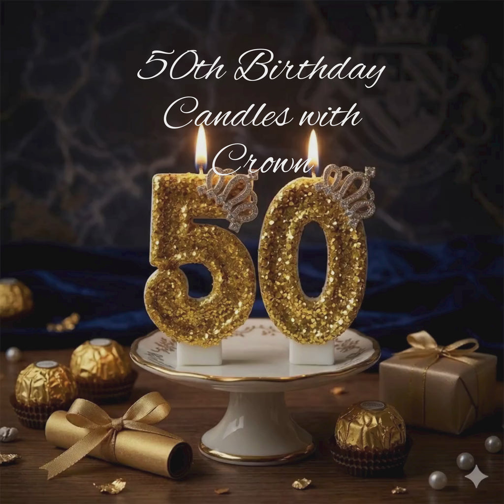 Gold Glitter Number Candle | Royal Crown Cake Topper for 50th Birthday