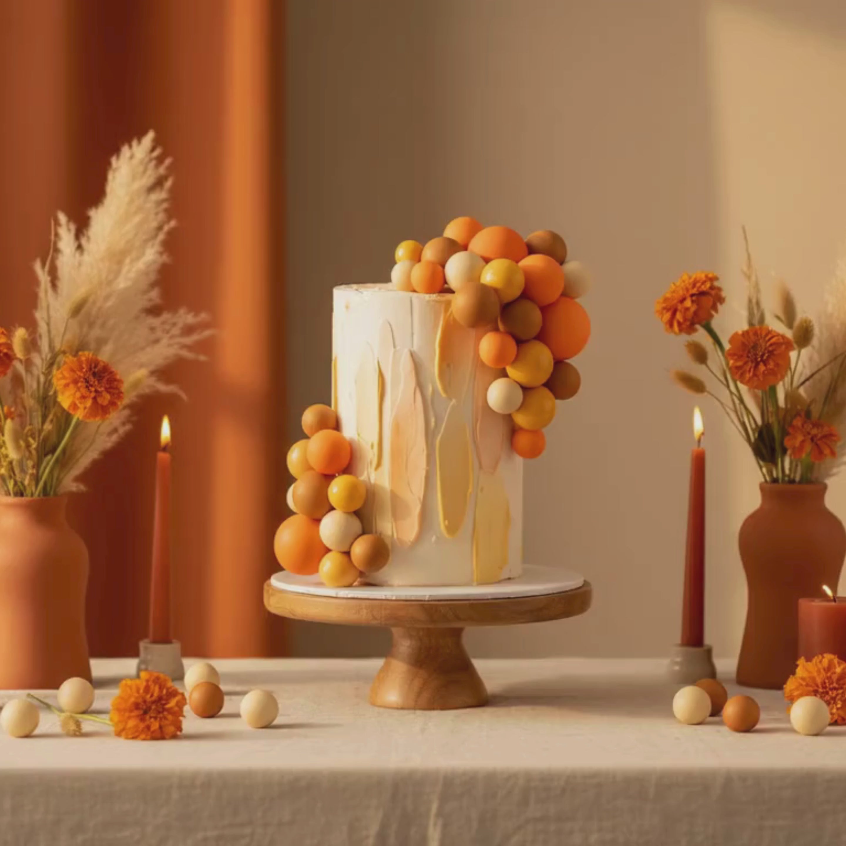 Orange and Gold Ball Cake Topper Set, Boho Birthday Decorations, Sunset Theme Party Decor