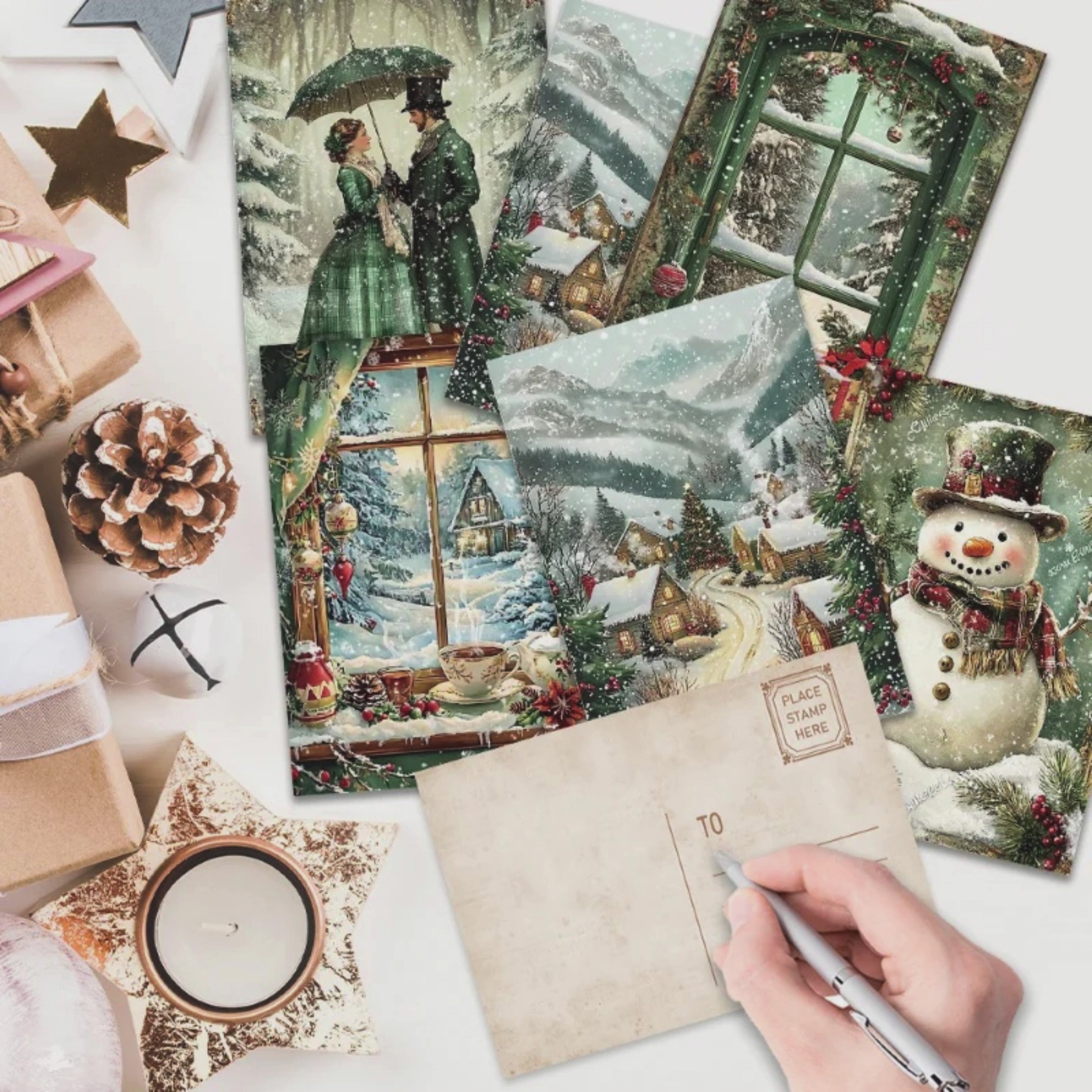 32pc Retro Christmas Postcards Bulk Set, Victorian Holiday Greeting Cards