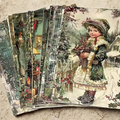 Vintage Sage Green Christmas Postcards, Retro Winter Wonderland Scenes, Bulk Pack 30 Designs