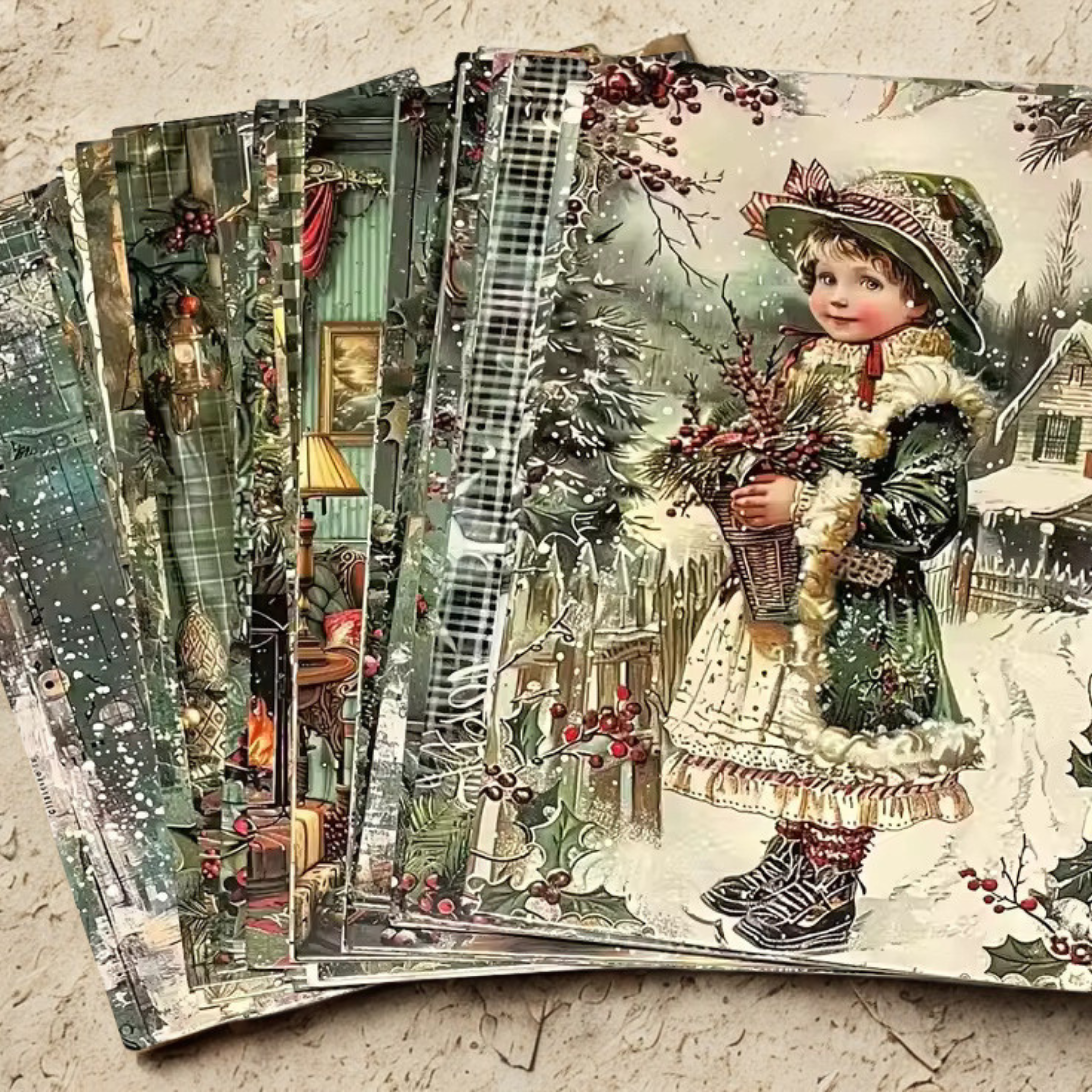 Vintage Sage Green Christmas Postcards, Retro Winter Wonderland Scenes, Bulk Pack 30 Designs