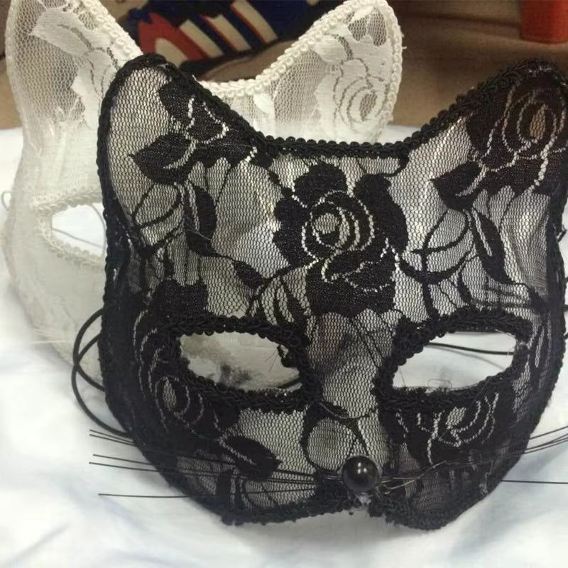 Black Lace Cat Mask, Venetian Masquerade Eye Mask, Cosplay Party Accessory