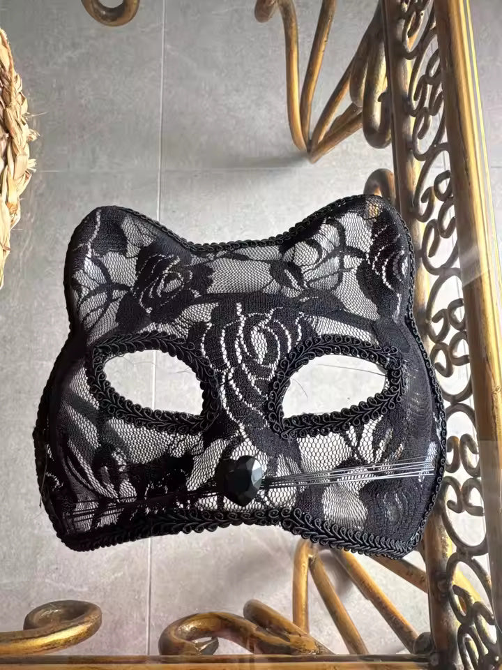 Black Lace Cat Mask, Venetian Masquerade Eye Mask, Cosplay Party Accessory