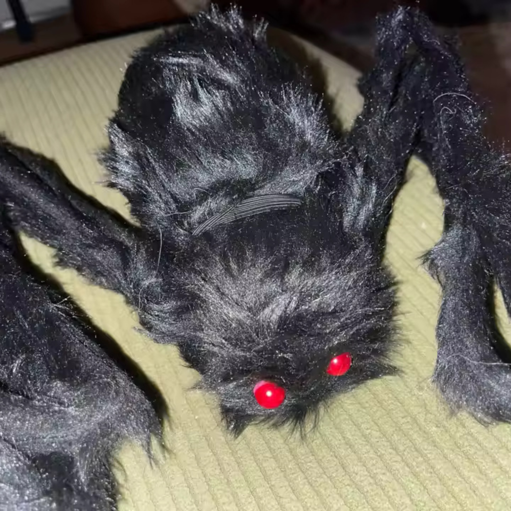 Giant Furry Spider Decoration, Black with Red Eyes, Halloween Prop