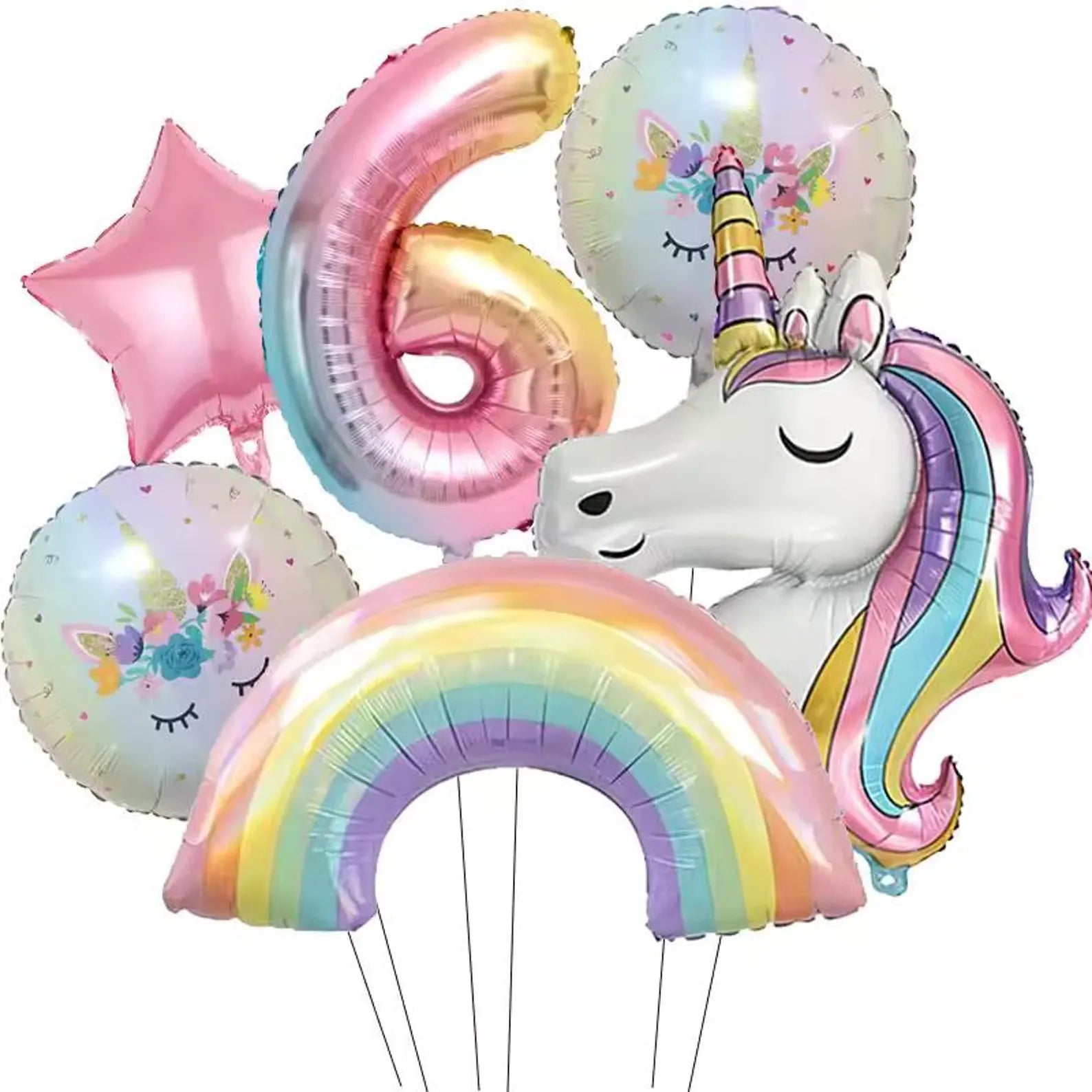 6-Piece Rainbow Unicorn Number Balloon Set: Princess Birthday Party Decor