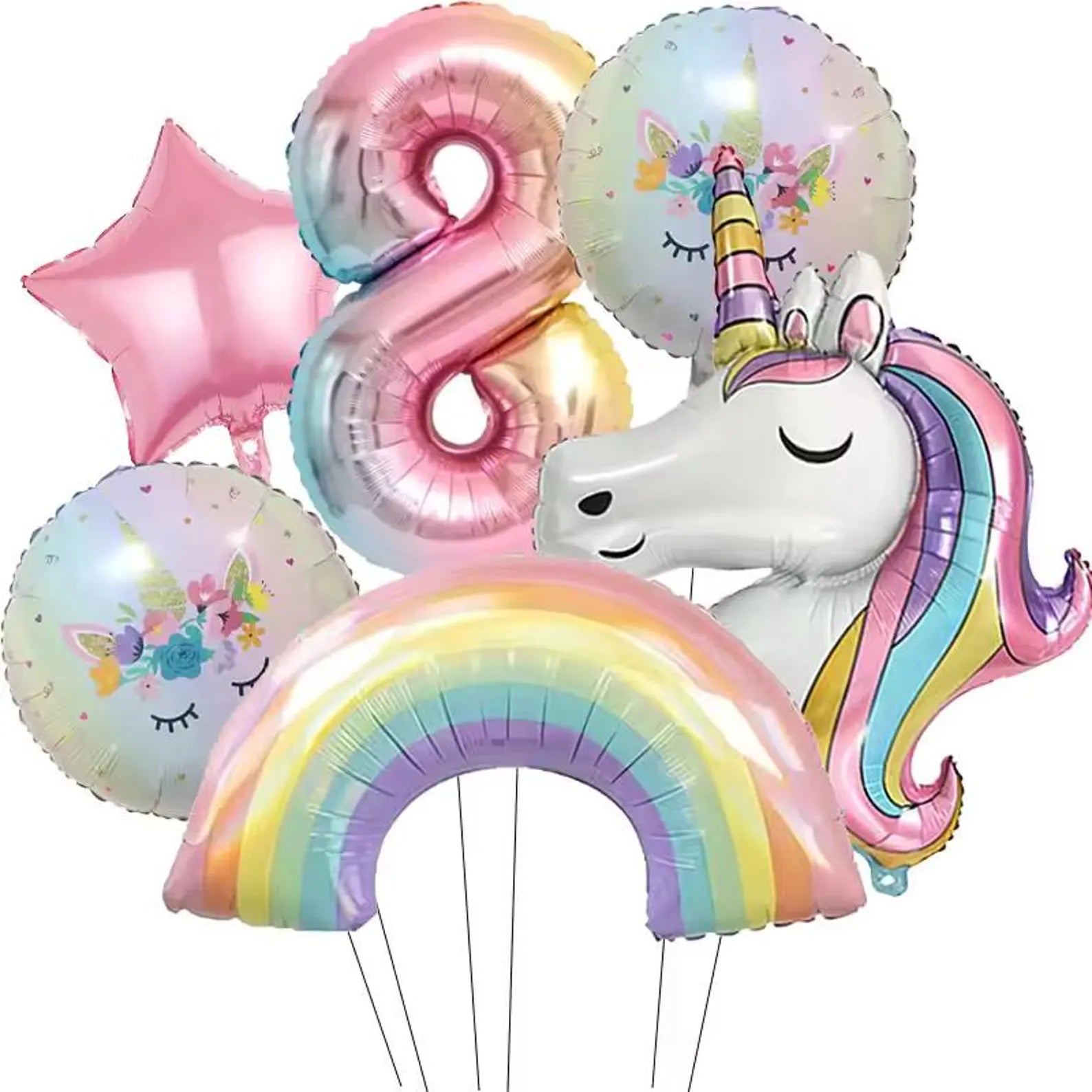 6-Piece Rainbow Unicorn Number Balloon Set: Princess Birthday Party Decor