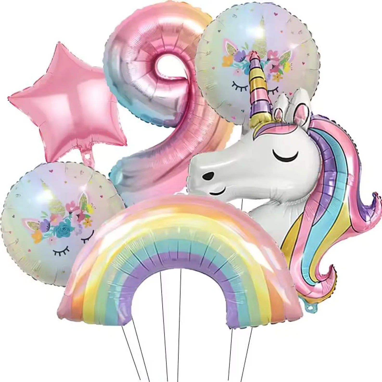 6-Piece Rainbow Unicorn Number Balloon Set: Princess Birthday Party Decor