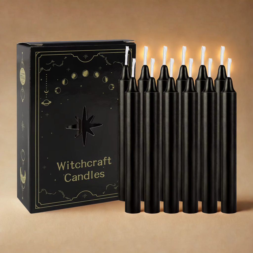 12pc Black Chime Taper Candles, Gothic Halloween Party Decor, Wiccan Altar Supplies